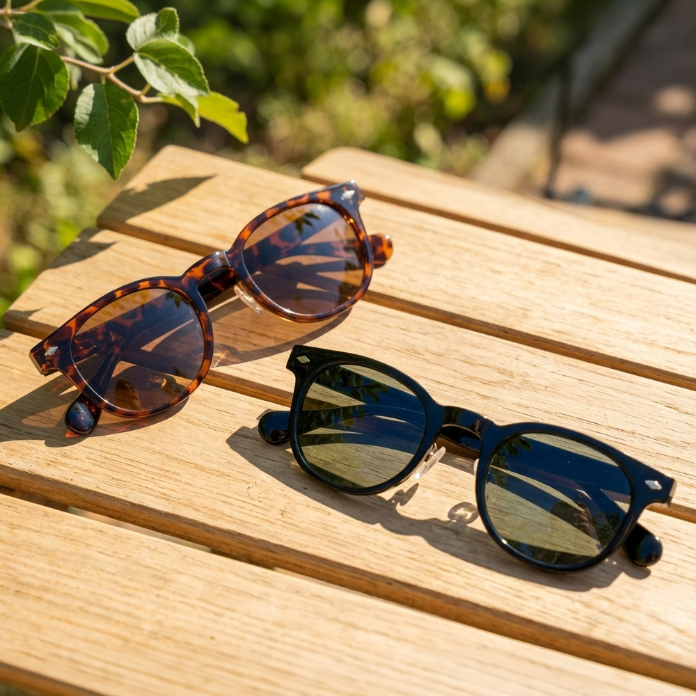 屋外の木製テーブルに置かれた偏光調光グラス2本のアイキャッチイメージ